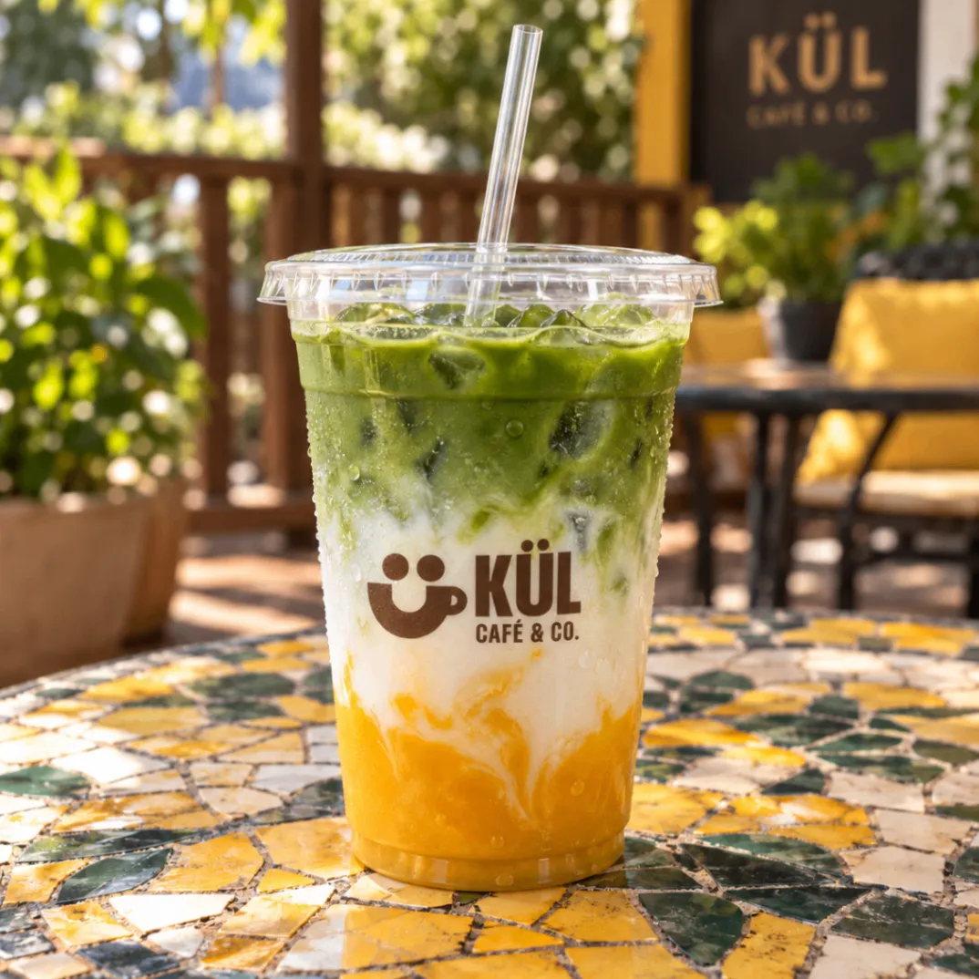 Mango matcha latte on a colorful mosaic patio table.