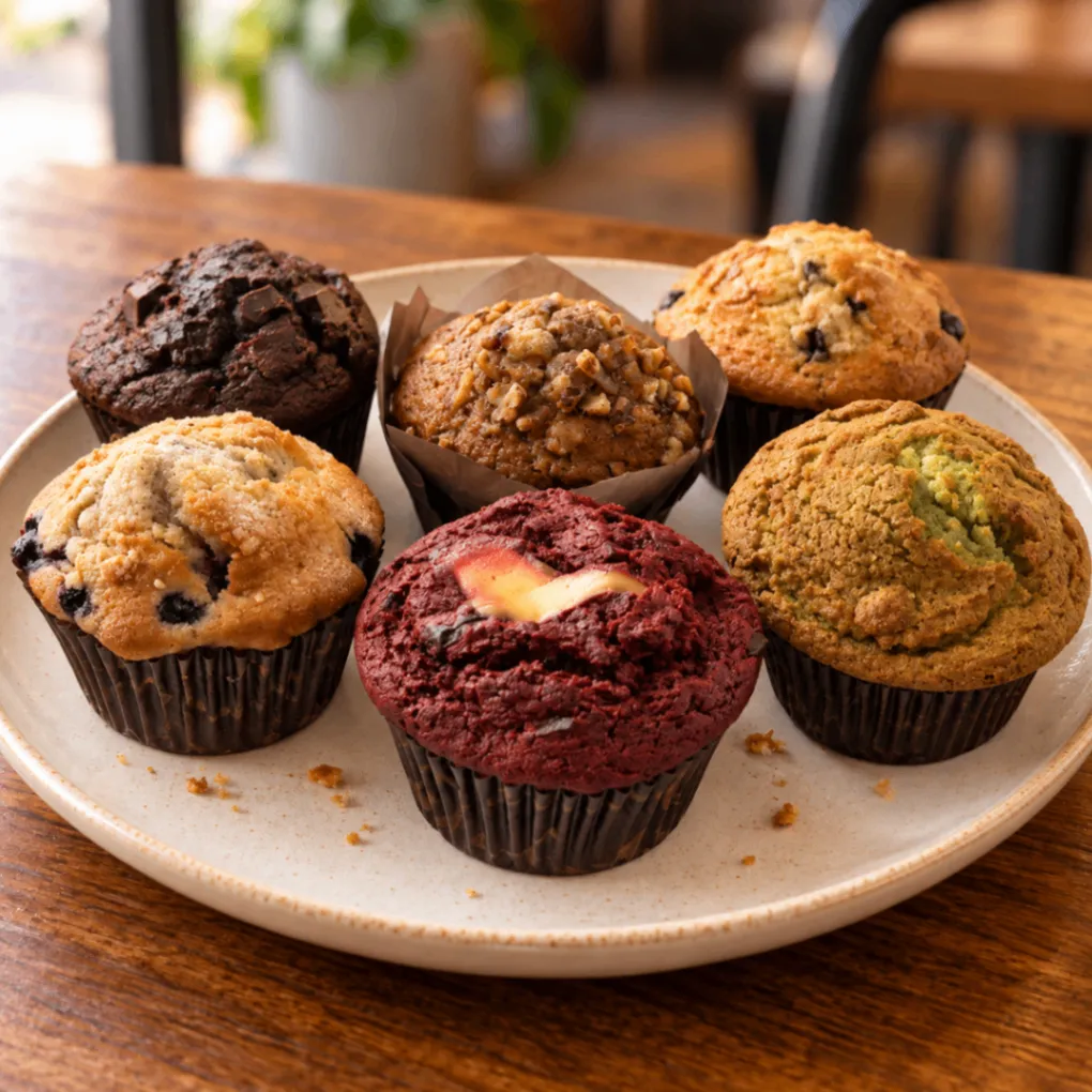 Plate of six assorted Kül muffins on a café table.