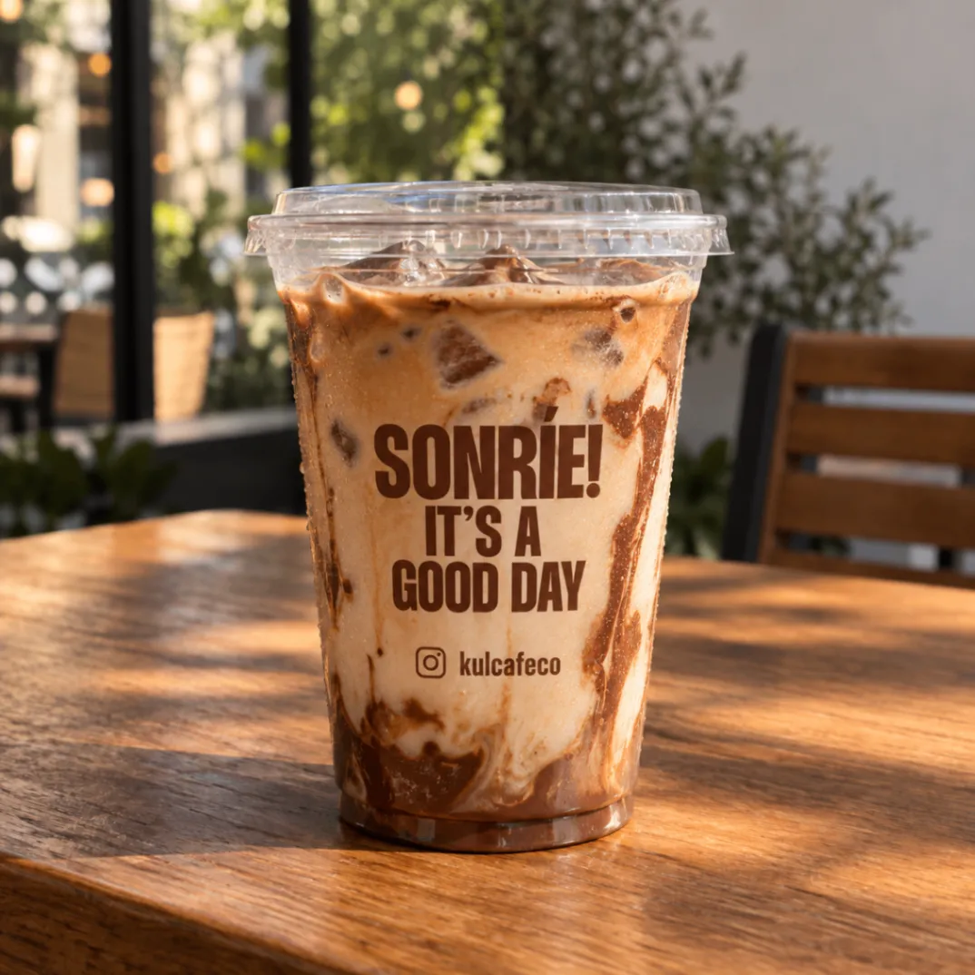 Iced Nutella latte in a Kül cup reading Sonríe! It's a good day.