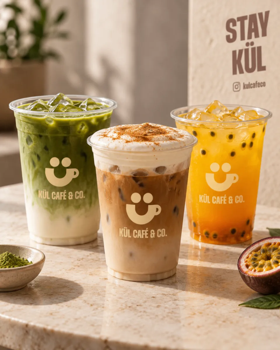 Three Kül drinks—matcha, iced coffee with cream foam, and a passion fruit refresher—beside a Stay Kül sign.